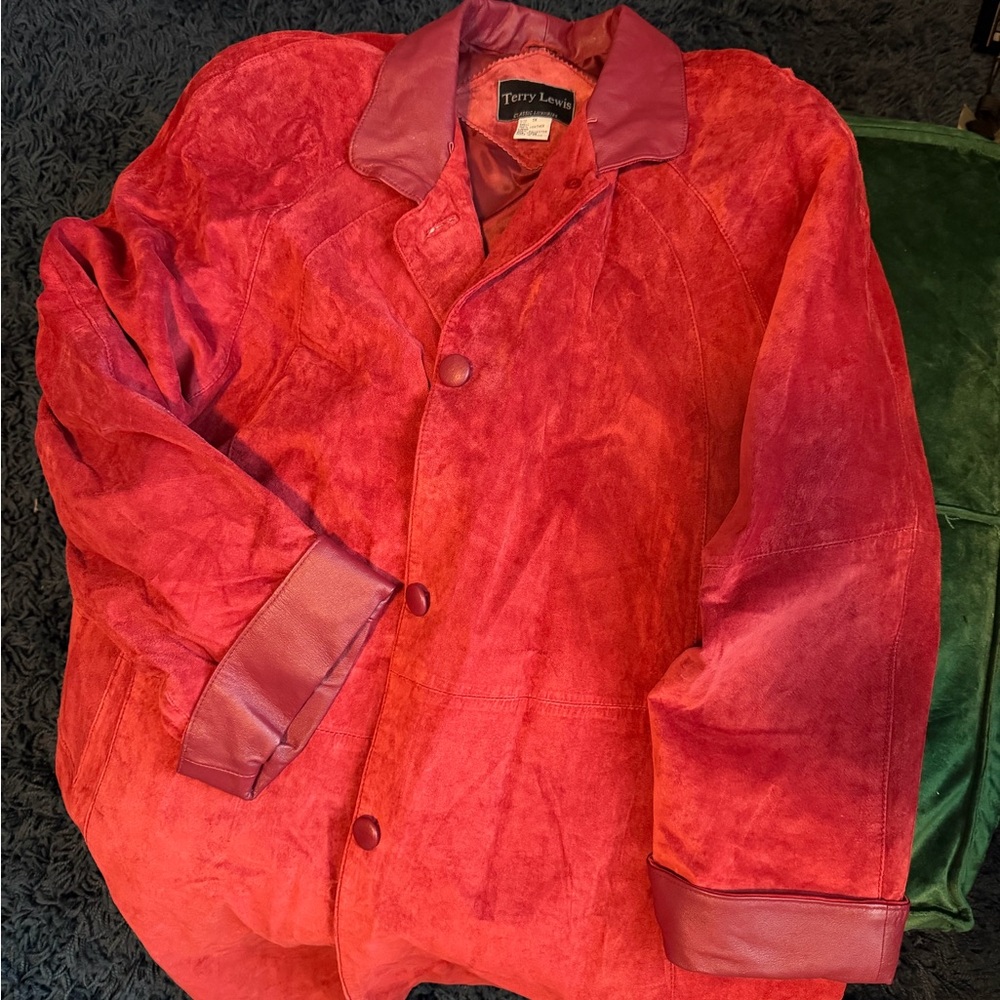 Terry Lewis Ruby Red Suede Leather Coat 1X | Lightweight Trench Jacket